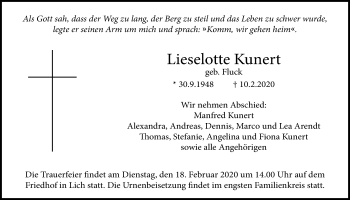 Traueranzeige von Lieselotte Kunert von Licher Wochenblatt