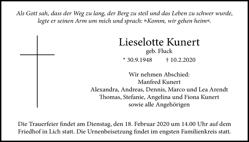  Traueranzeige für Lieselotte Kunert vom 13.02.2020 aus Licher Wochenblatt