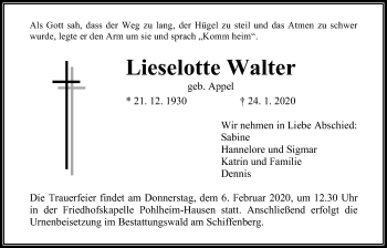 Traueranzeige von Lieselotte Walter von Giessener Allgemeine, Alsfelder Allgemeine
