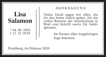 Traueranzeige von Lisa Salamon von Wetterauer Zeitung