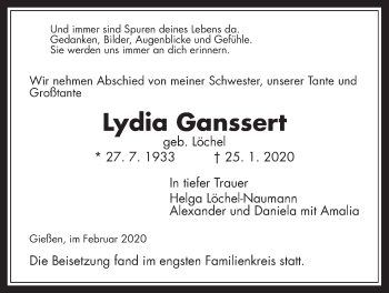 Traueranzeige von Lydia Ganssert von Giessener Allgemeine, Alsfelder Allgemeine