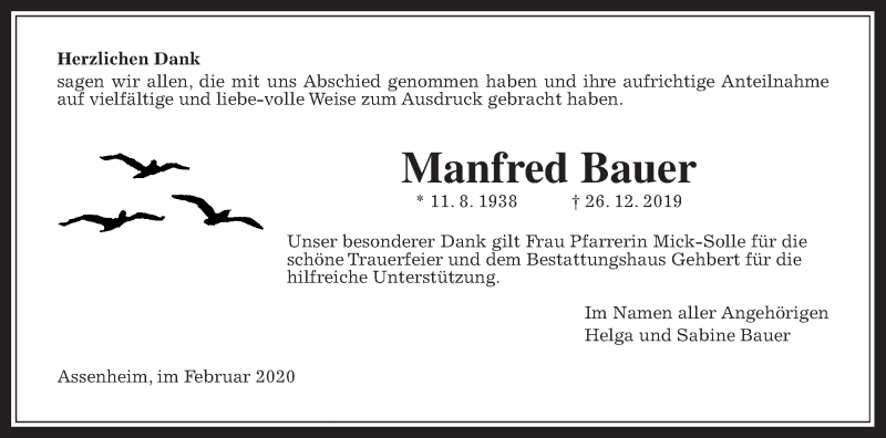  Traueranzeige für Manfred Bauer vom 15.02.2020 aus Wetterauer Zeitung