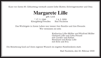 Traueranzeige von Margarete Lille von Wetterauer Zeitung