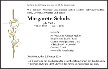 Traueranzeige von Margarete Schulz von Giessener Allgemeine, Alsfelder Allgemeine