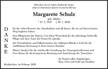 Traueranzeige von Margarete Schulz von Giessener Allgemeine, Alsfelder Allgemeine