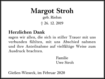 Traueranzeige von Margot Stroh von Giessener Allgemeine, Alsfelder Allgemeine