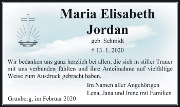 Traueranzeige von Maria Elisabeth Jordan von Giessener Allgemeine, Alsfelder Allgemeine