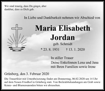 Traueranzeige von Maria Elisabeth Jordan von Giessener Allgemeine, Alsfelder Allgemeine