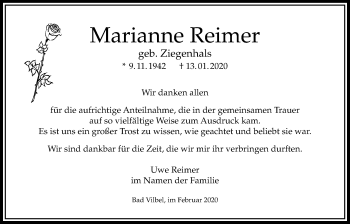 Traueranzeige von Marianne Reimer von Bad Vilbel/Karben