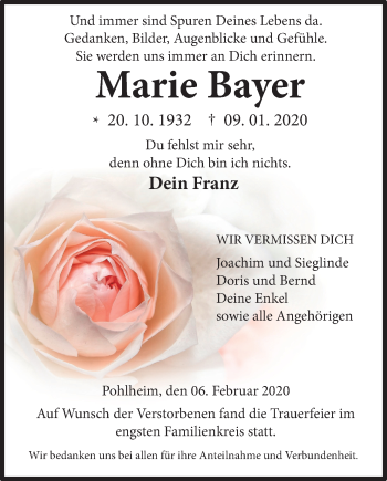 Traueranzeige von Marie Bayer von Pohlheimer Nachrichten, Giessener Allgemeine, Alsfelder Allgemeine