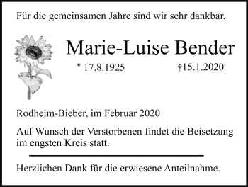Traueranzeige von Marie-Luise Bender von Giessener Allgemeine, Alsfelder Allgemeine