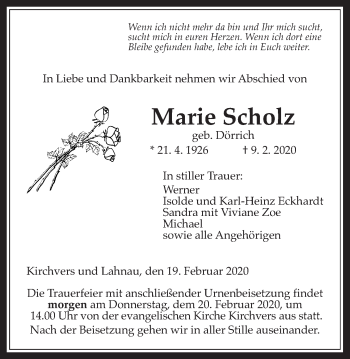 Traueranzeige von Marie Scholz von Giessener Allgemeine, Alsfelder Allgemeine