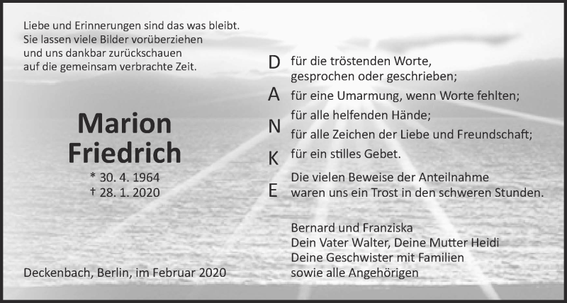  Traueranzeige für Marion Friedrich vom 22.02.2020 aus Alsfelder Allgemeine