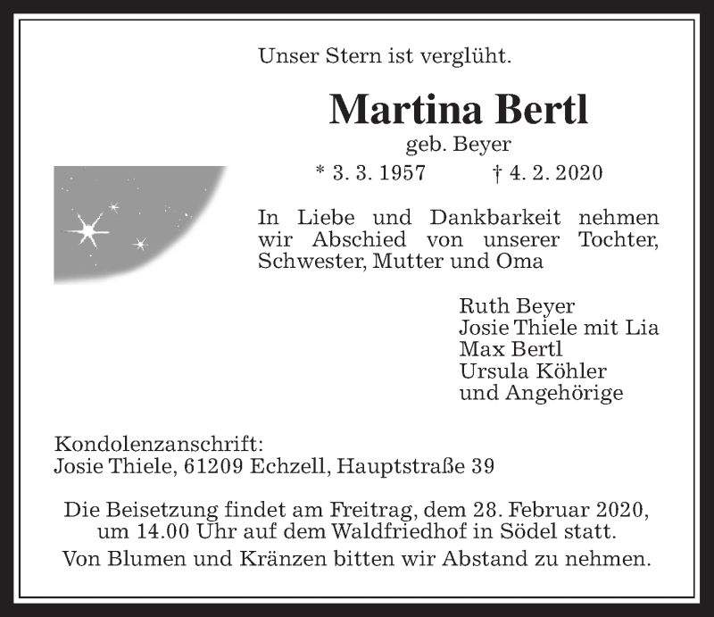  Traueranzeige für Martina Bertl vom 22.02.2020 aus Wetterauer Zeitung
