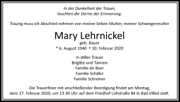 Traueranzeige von Mary Lehrnickel von Bad Vilbel/Karben