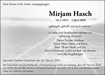 Traueranzeige von Mirjam Hasch von Giessener Allgemeine, Alsfelder Allgemeine