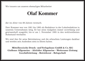 Traueranzeige von Olaf Kommer von Giessener Allgemeine, Alsfelder Allgemeine