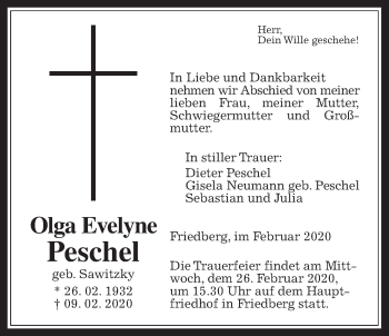 Traueranzeige von Olga Evelyne Peschel von Wetterauer Zeitung