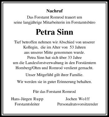 Traueranzeige von Petra Sinn von Alsfelder Allgemeine