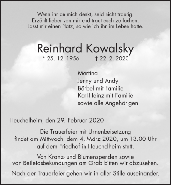 Traueranzeige von Reinhard Kowalsky von Giessener Allgemeine, Alsfelder Allgemeine