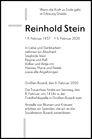 Traueranzeige von Reinhold Stein von Giessener Allgemeine, Alsfelder Allgemeine