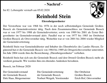 Traueranzeige von Reinhold Stein von Giessener Allgemeine, Alsfelder Allgemeine