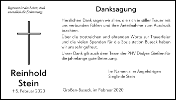 Traueranzeige von Reinhold Stein von Giessener Allgemeine, Alsfelder Allgemeine