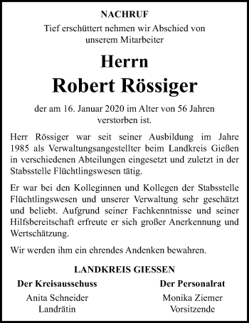 Traueranzeige von Robert Rössiger von Giessener Allgemeine, Alsfelder Allgemeine