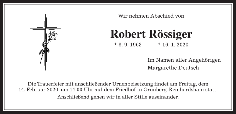  Traueranzeige für Robert Rössiger vom 11.02.2020 aus Giessener Allgemeine, Alsfelder Allgemeine