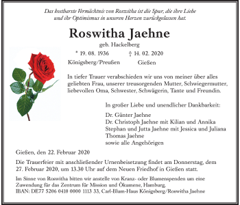 Traueranzeige von Roswitha Jaehne von Giessener Allgemeine, Alsfelder Allgemeine