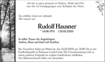 Traueranzeige von Rudolf Hausner von Giessener Allgemeine, Alsfelder Allgemeine