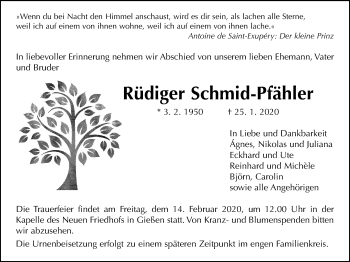 Traueranzeige von Rüdiger Schmid-Pfähler von Giessener Allgemeine, Alsfelder Allgemeine