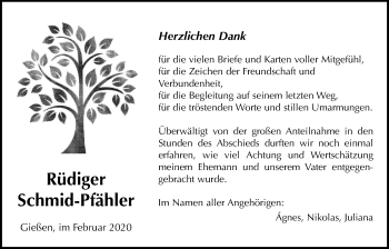 Traueranzeige von Rüdiger Schmid-Pfähler von Giessener Allgemeine, Alsfelder Allgemeine