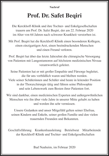 Traueranzeige von Safet Beqiri von Wetterauer Zeitung, Giessener Allgemeine, Alsfelder Allgemeine
