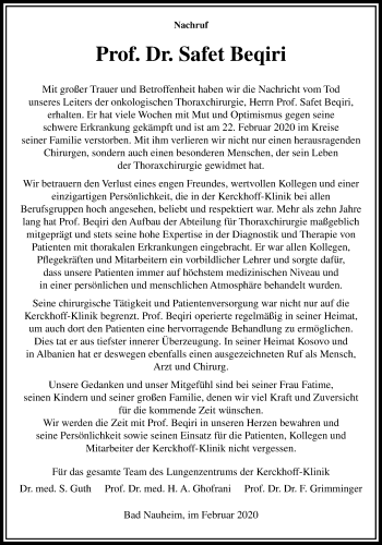 Traueranzeige von Safet Beqiri von Wetterauer Zeitung, Giessener Allgemeine, Alsfelder Allgemeine