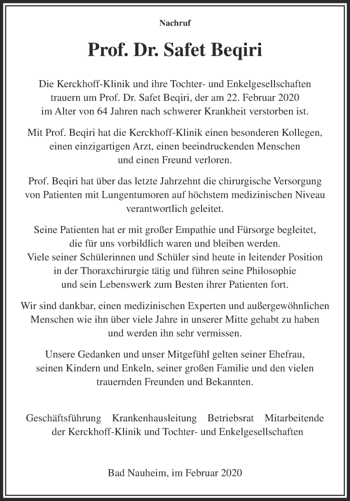  Traueranzeige für Safet Beqiri vom 29.02.2020 aus Wetterauer Zeitung, Giessener Allgemeine, Alsfelder Allgemeine