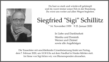 Traueranzeige von Siegfried Schillitz von Wetterauer Zeitung