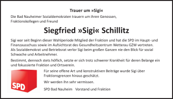 Traueranzeige von Siegfried Schillitz von Wetterauer Zeitung