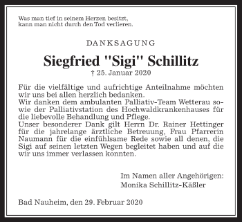 Traueranzeige von Siegfried Schillitz von Wetterauer Zeitung