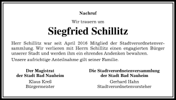 Traueranzeige von Siegfried Schillitz von Wetterauer Zeitung