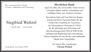 Traueranzeige von Siegfried Weitzel von Alsfelder Allgemeine