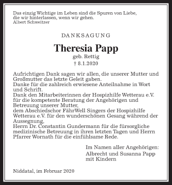Traueranzeige von Theresia Papp von Wetterauer Zeitung