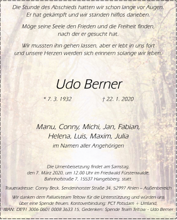Traueranzeige von Udo Berner von Giessener Allgemeine, Alsfelder Allgemeine