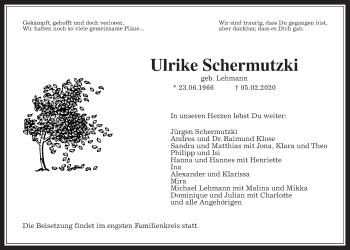 Traueranzeige von Ulrike Schermutzki von Wetterauer Zeitung