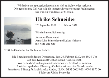 Traueranzeige von Ulrike Schneider von Wetterauer Zeitung