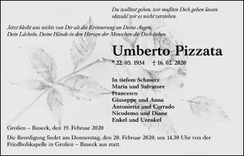 Traueranzeige von Umberto Pizzata von Giessener Allgemeine, Alsfelder Allgemeine