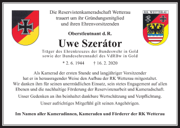 Traueranzeige von Uwe Szerator von Wetterauer Zeitung