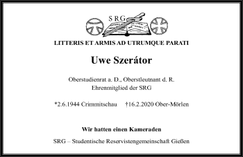 Traueranzeige von Uwe Szerator von Wetterauer Zeitung, Giessener Allgemeine, Alsfelder Allgemeine