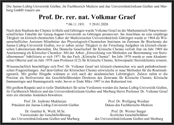 Traueranzeige von Volkmar Graef von Giessener Allgemeine, Alsfelder Allgemeine