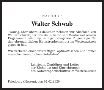 Traueranzeige von Walter Schwab von Wetterauer Zeitung